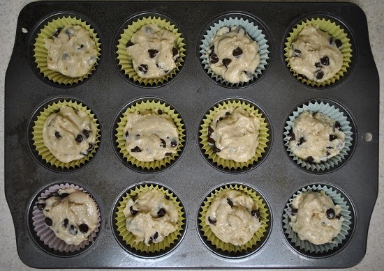 fill the muffin cups for chocolate chip muffins