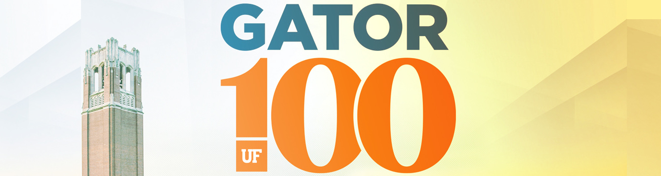 Image of century tower with words "Gator 100"