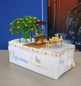 Shoebox float created by ag econ club reading "agricultural economics" with an orange tree
