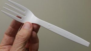 A compostable fork made from bioplastic