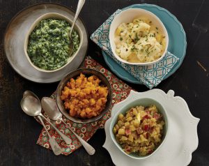 bowls of cooked potatoes, brocolli and sweet potatoes