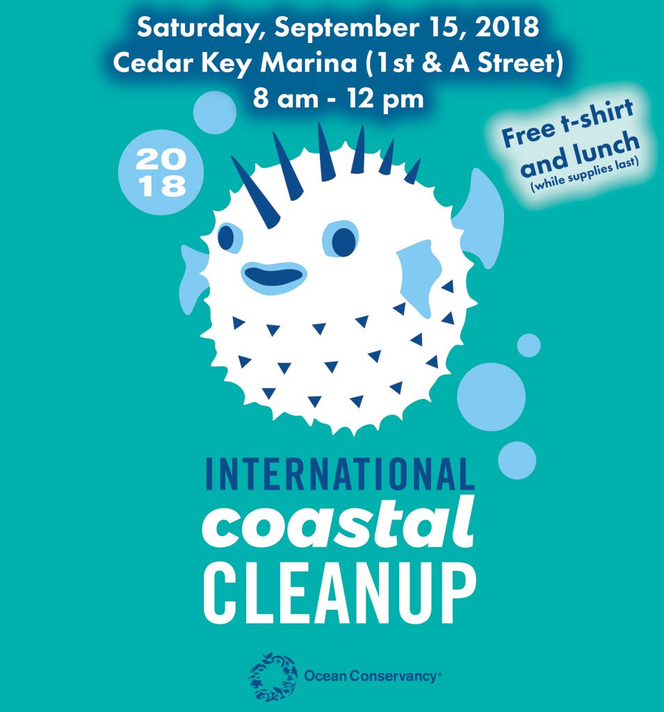 International coastal cleanup graphic, puffer fish and date/time