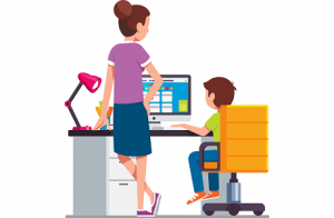drawing of a mom overlooking her son virtual learning