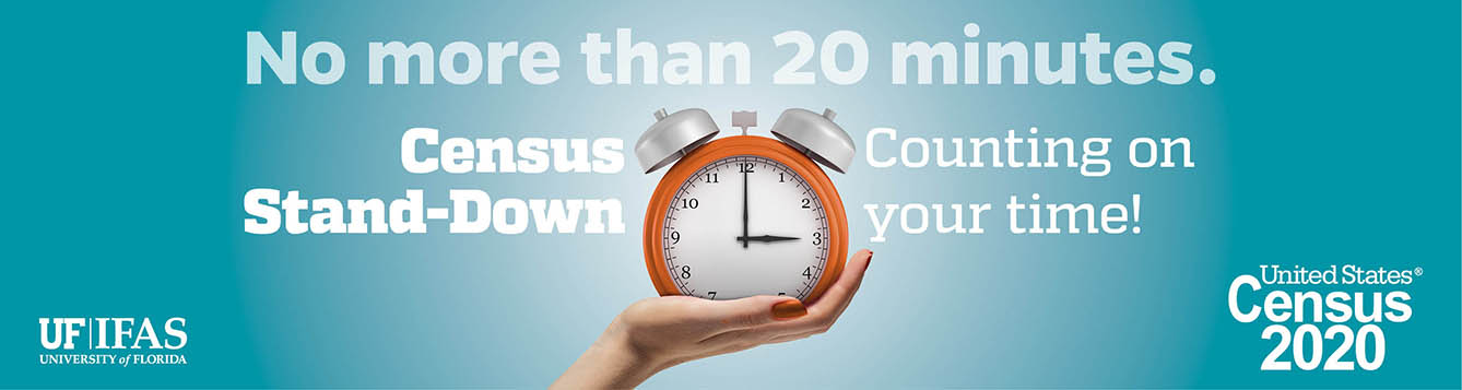 picture of a clock and statement that it only takes 20 min to complete census