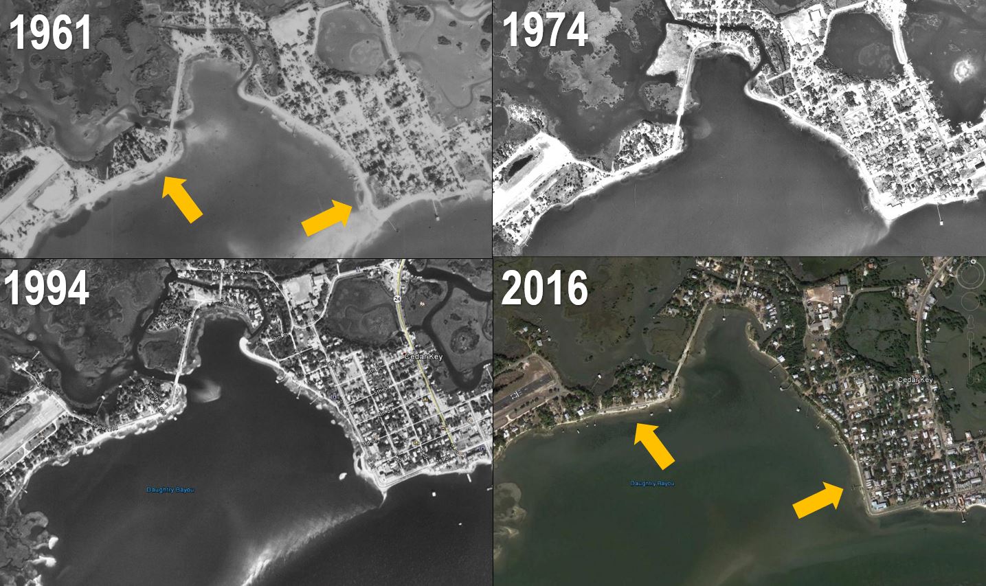 time series of aerial images showing erosion in Daughtry Bayou