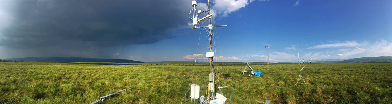 data collection tower in a field during the summer in the arctic