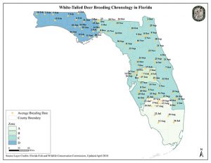 map of average deer breeding dates across the state of Florida