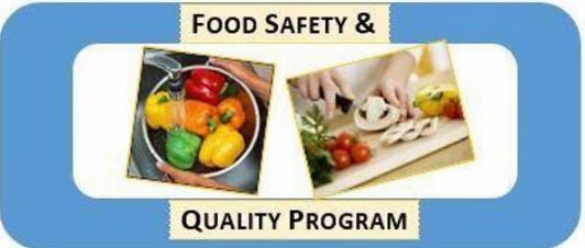 Photo of peppers and someone chopping mushrooms with the caption "Food Safety & Quality Program"