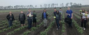 students standing in a planted potato field with their harvested crops