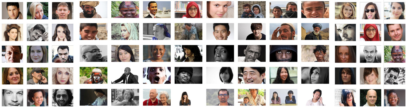photo illustration/montage of various people as seen in rows of slides/images on a wall