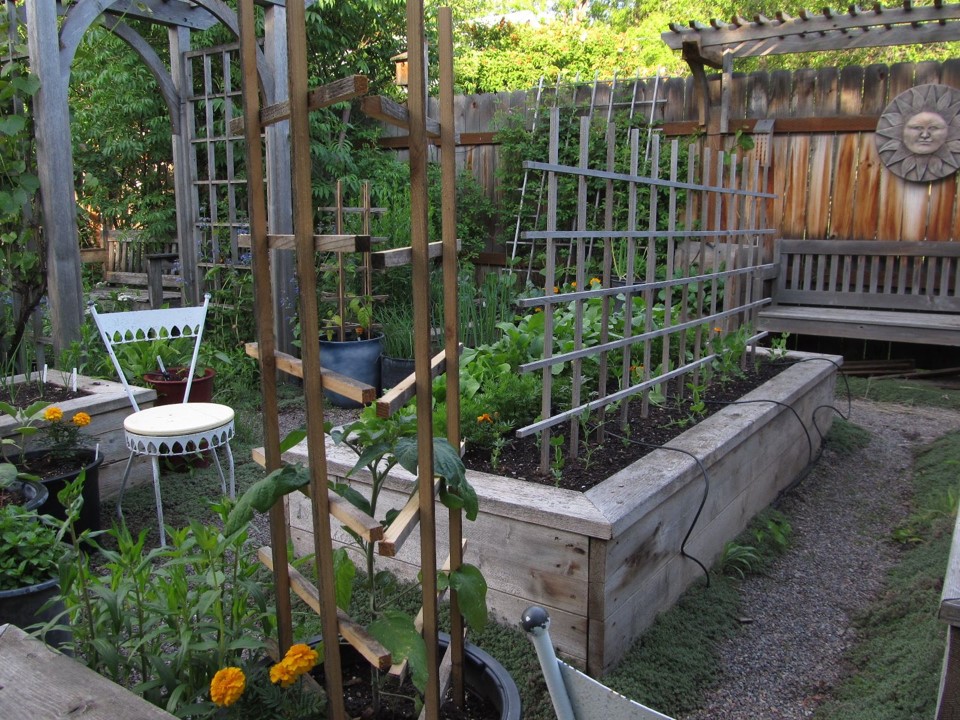 Three types of wooden trellises in a small vegetable garden