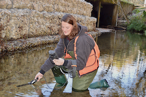 Women in creek monitoring water quality.