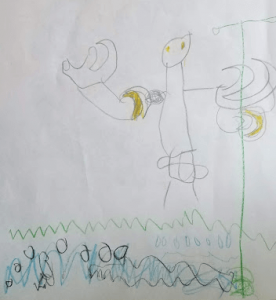 a child's drawing of a person with a soil auger