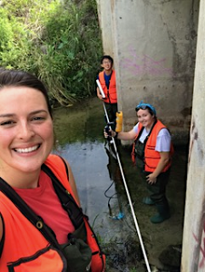 College students in an urban stream collecting samples.