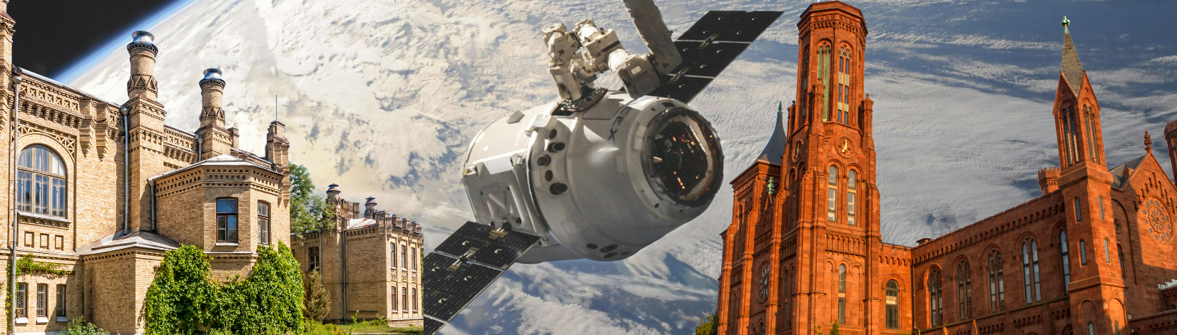 A collage shows two majestic Indian university buildings with an oversized satellite looming in the background