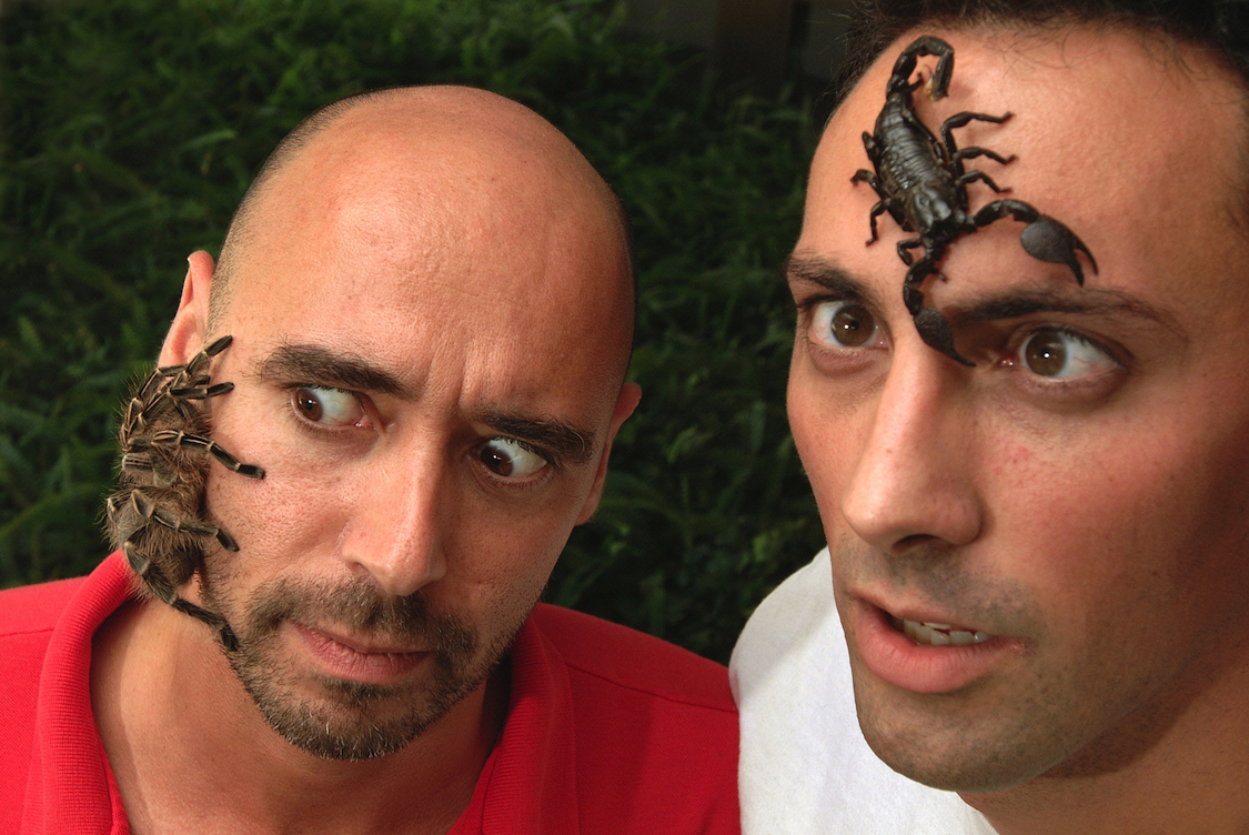Scientist with tarantula (left) and scorpion (right) on their faces