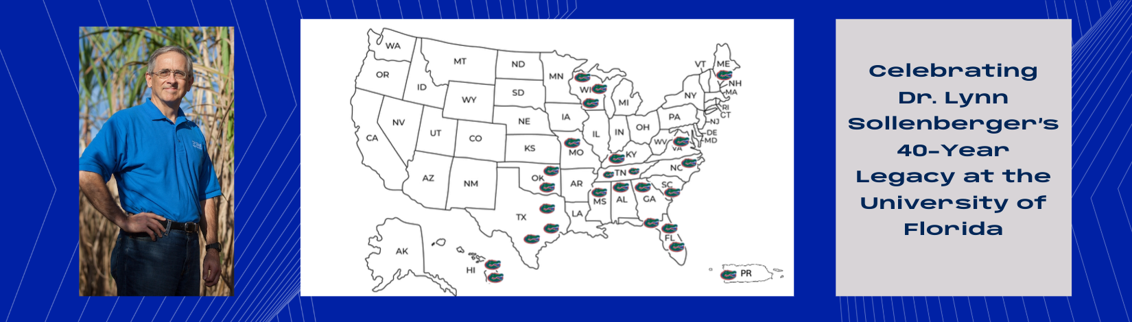Photo of Dr. Sollenberger right next to the United States map showing Gator logos to denote mentees from his program that are now working in other higher ed institutions