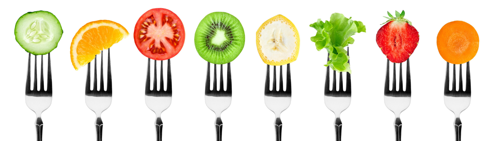 forks with pieces of fruits or vegetables on them.
