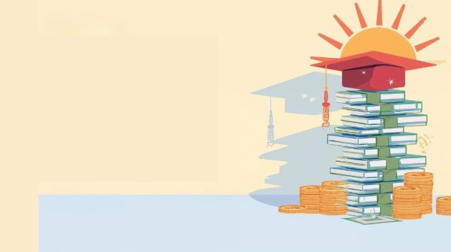 Cap and gown on top of textbooks.