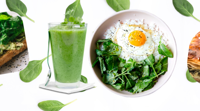 Picture of floating spinach as a background. Images from left to write a spinach salad, a spinach smoothy, an egg with spinach and a spinach quiche