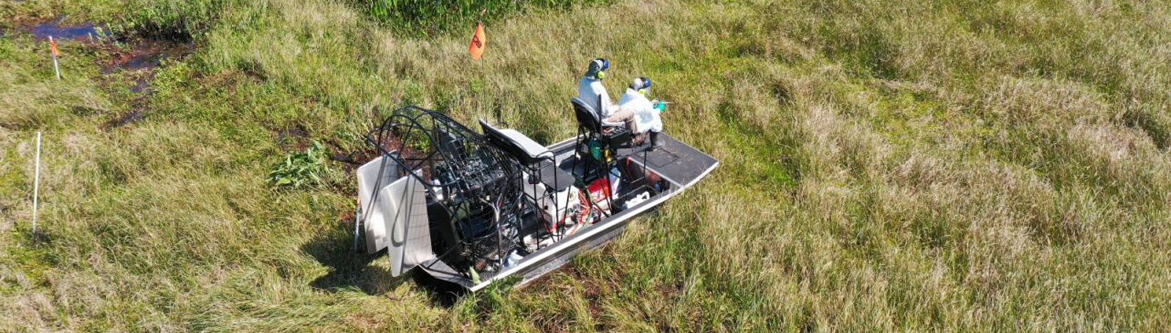 Two people are on an air boat. The boat is surrounded by a growth of plants so dense that the water cannot be seen.
