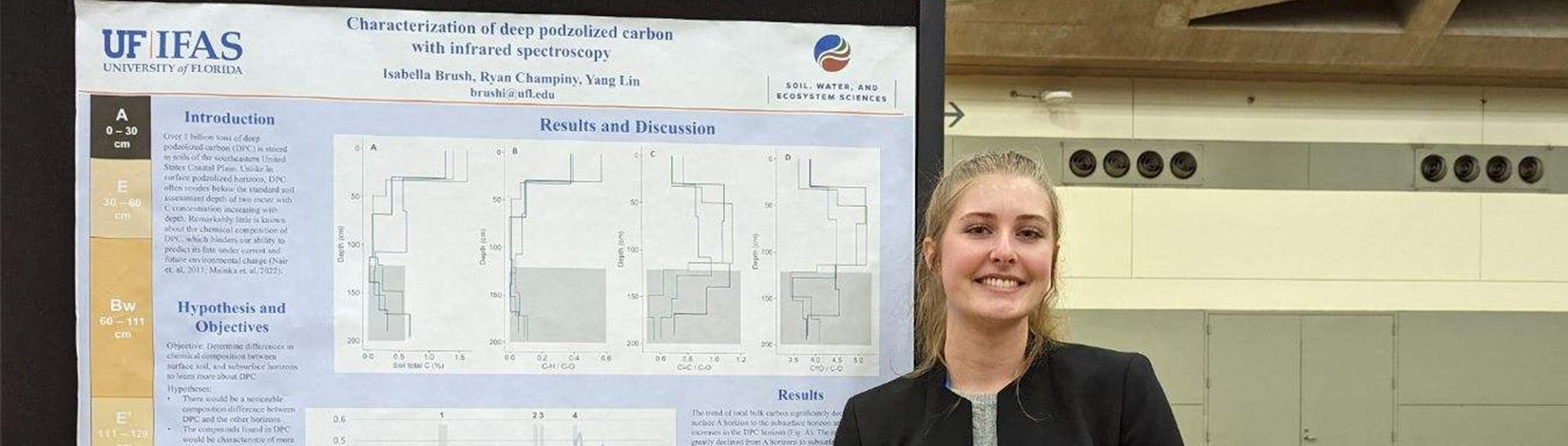 Brush posing in front of the poster summarizing her research project.