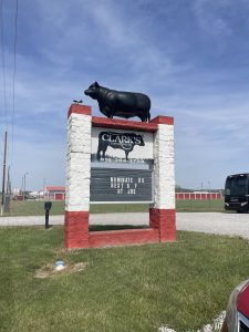 Large sign with artificial cow on top for American Angus Association.