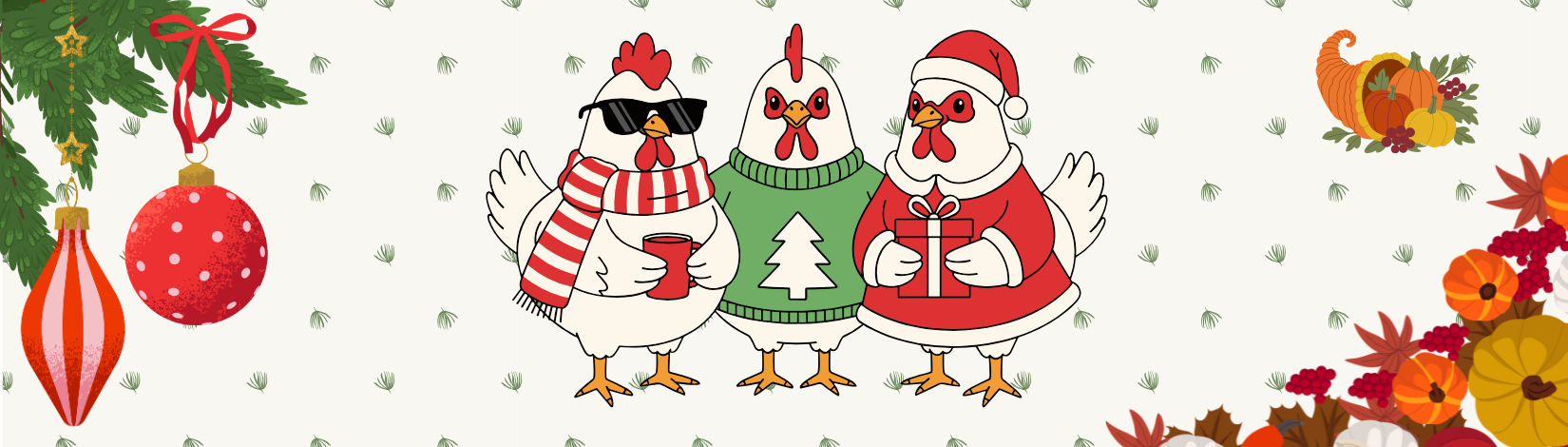 holiday images of chickens, ornaments and decorations