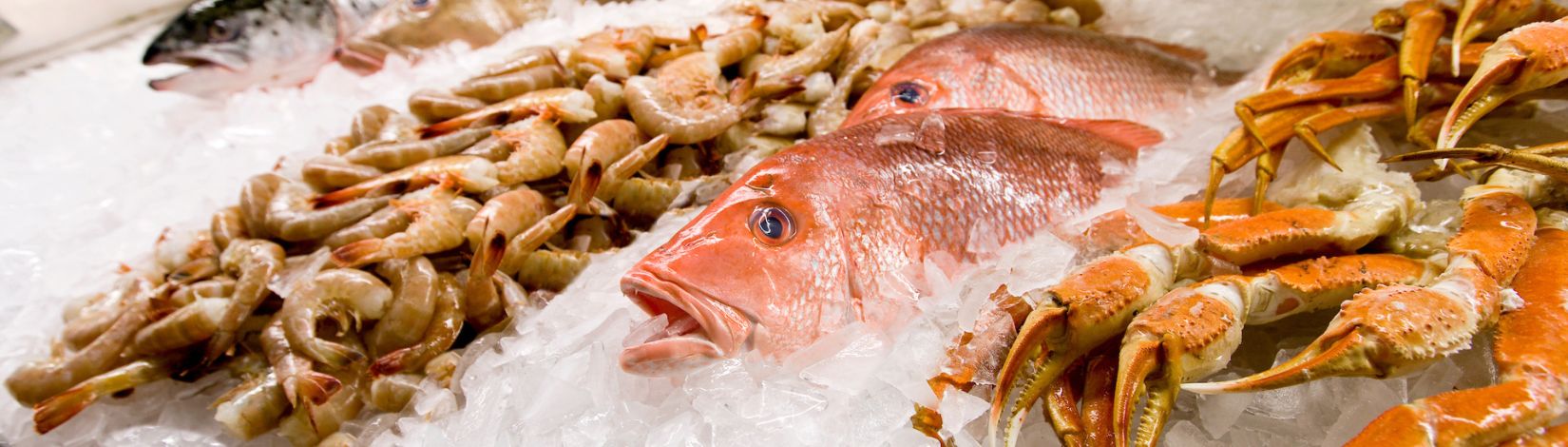 Seafood on ice in display case. Seafood, shrimp, red snapper, crab legs, grouper.