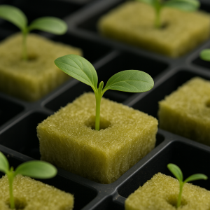 Detailed picture of seedling in rockwool