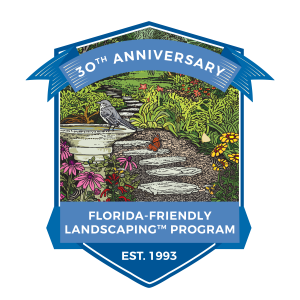 Florida Friendly Landscaping 30th Anniversary badge with garden design