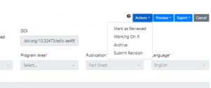Screenshot of a portion of the document version page with the actions menu opened to show the choices: mark as reviewed, working on it, archive, and submit revision