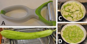 Luffa being prepared to eat. (a). A peeler is useful for peeling luffa. (b). Peeled luffa. (c). Sliced luffa ready to be boiled. (d). Boiled luffa ready for consumption. Credit: Guodong Liu, UF/IFAS