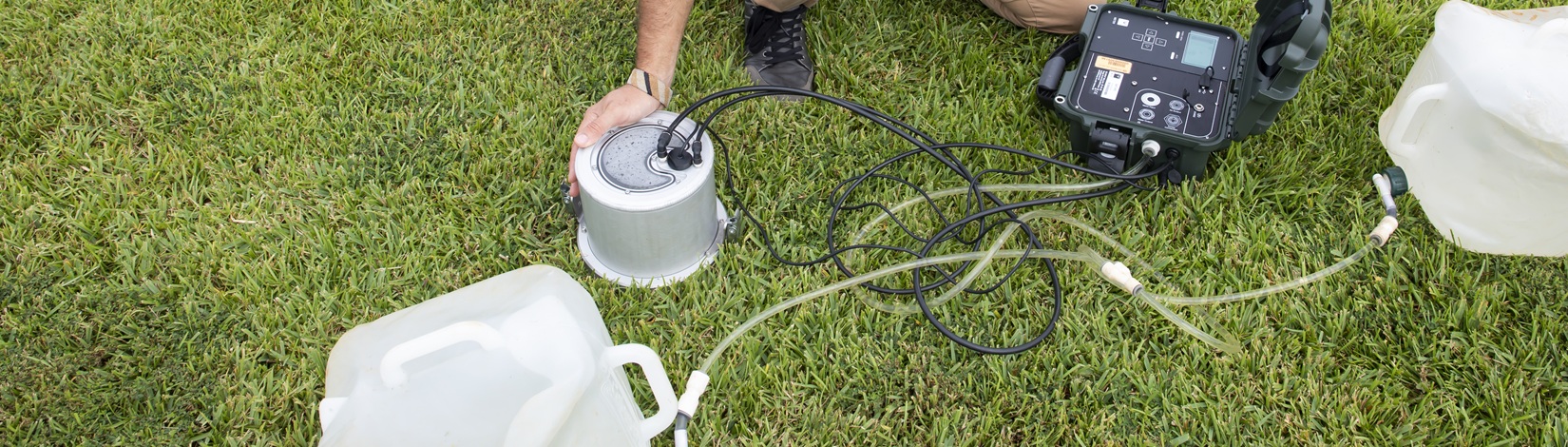 Pablo Agustin Boeri determining water infiltration rates of plots at the West Florida Research and Education Center (WFREC). Photo taken 08-24-22.