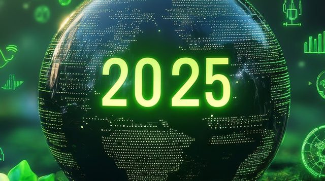 abstract globe surrounds 2025 with icons and greenery in background