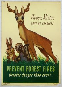 Poster of Walt Disney's Bambi with a rabbit and a skunk standing in grass. Poster reads "Please, Mister, Don't Be Careless. Prevent forest fires. Greater danger than ever!"