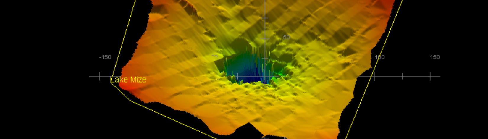 A visual display of readings on the depth of Lake Mize, shaded by depth.