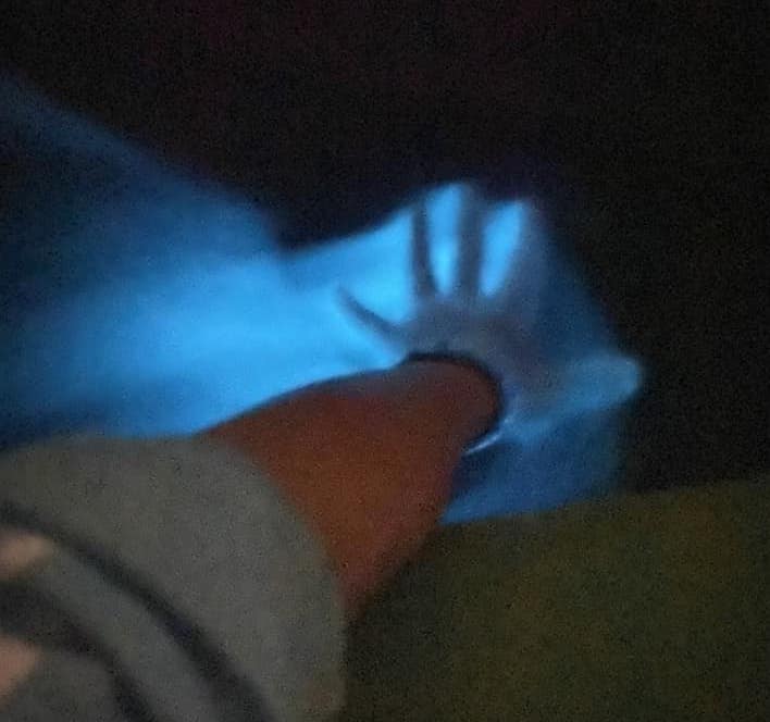 A person with their hand in the water, which has disturbed the algae and cause it to produce a blue glow