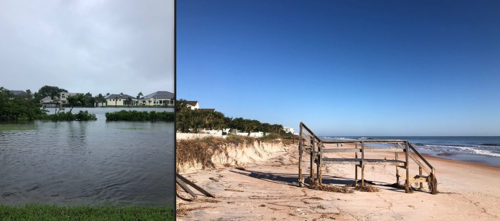 Water flooded above the river to cover the street, and in the next photo a walkover to the beach is disconnected from land due to erosion 