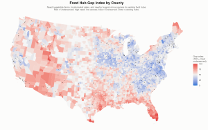 Data visualization U.S. map with index that compares how much a county needs vegetable food hub infrastructure against how much food-hub access it already has.