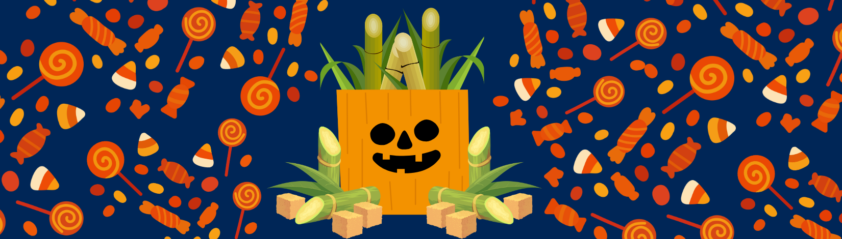 Halloween Candybag filled with sugar cane stalks. Assorted candy in the background