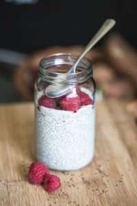 Chia pudding with raspberries, gut health.