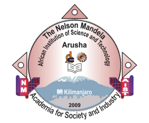 Logo of the Nelson Mandela African Institution of Science and Technology in Arusha, featuring Mt. Kilimanjaro, a microscope, a gear, and the motto ‘Academia for Society and Industry.