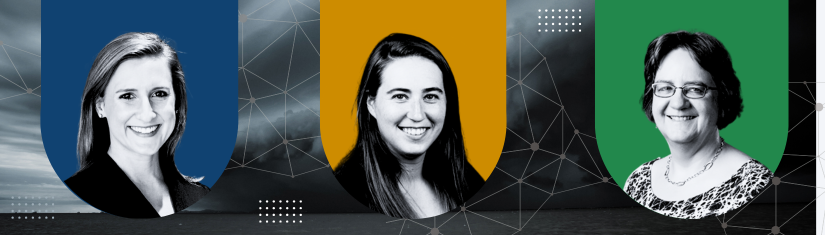 Headshots of Helena Bottemiller, Dr. Christa COurt, and Dr. Sabine Grunwald against a backdrop photo of a hurricane