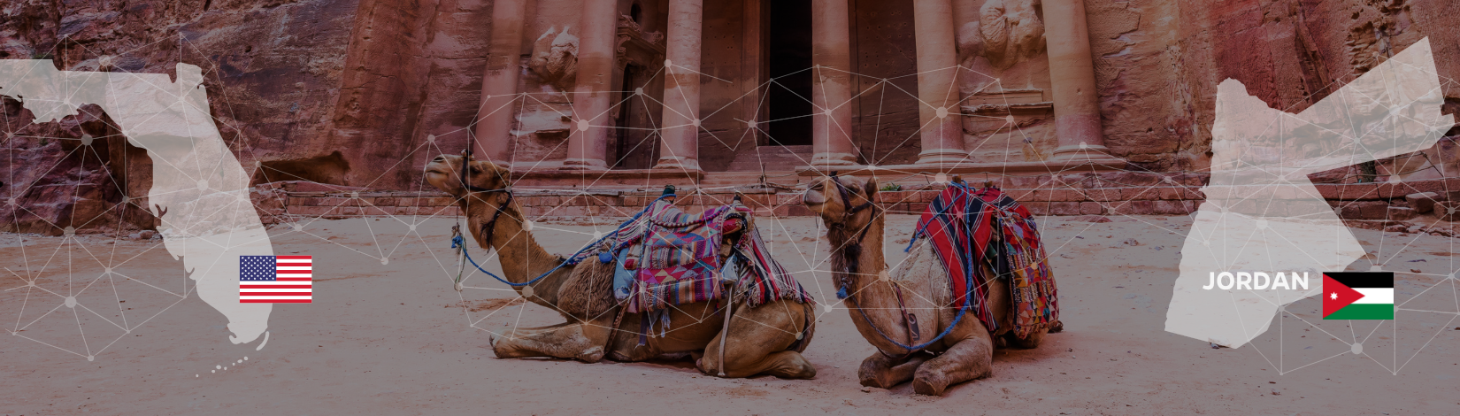 Two camels rest in front of the ancient carved facade of Petra, Jordan, with stylized outlines of the US and Jordanian maps and flags, symbolizing a connection between the two countries.