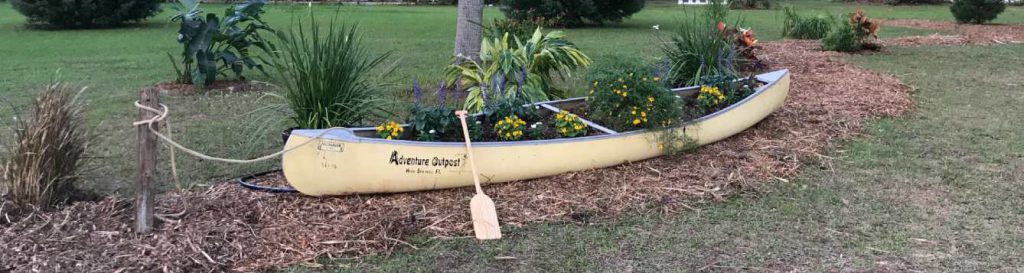 aluminum canoe planted with yellow and purple flowers