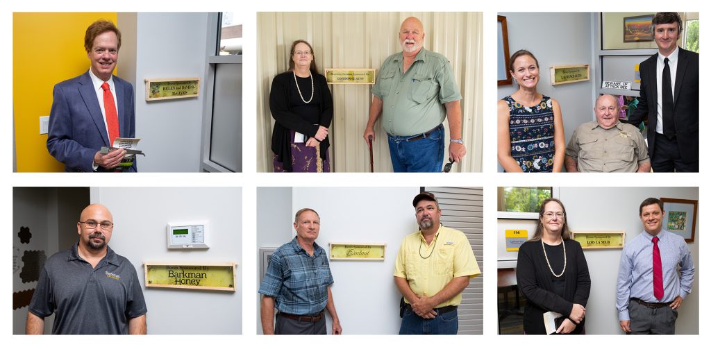 Donors pose with the rooms they sponsored at the Bee Lab: Doug McGinnis, Lois La Seur, Gordon Clauss, Laurence Cutts, Barkman Honey, Dadant.