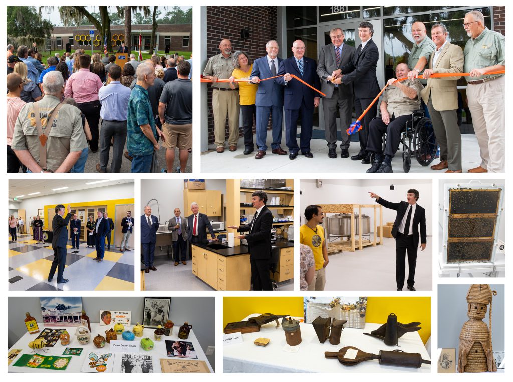 Collage of photos: a crowd of people listening to a speaker outside the Bee Lab; UF, IFAS and FSBA leadership cutting the ribbon to open the Bee Lab; Dr. Ellis leading a tour through the yellow, black and grey tiled entrance, a lab room, and an extraction facility; bees in an observation hive; museum artifacts, including asmokers and a wicker statue of St. Ambrose.