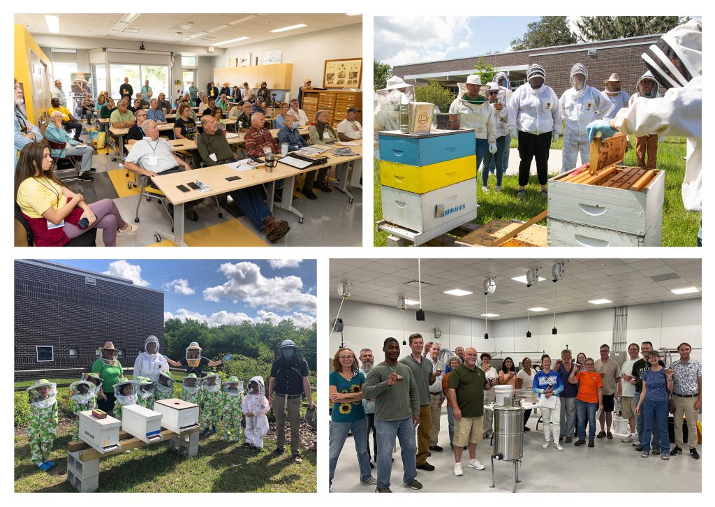 Photo collage: a classroom full of adults at Bee College; a group of teens outside in beekeeping suits around an observation hive; a group of elementary school kids and adults in bee keeping suits around observation hives; a group of adults in the honey extraction room.