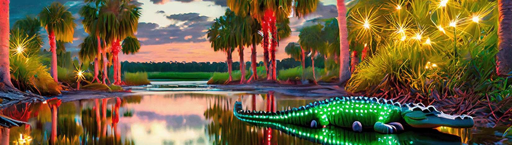 Colorful, festive illustration of an alligator and lights in a Florida sunset landscape of water and palm trees.